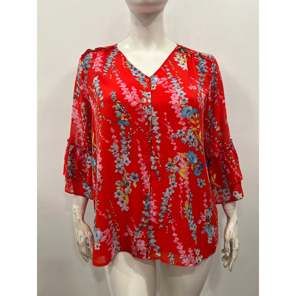 Belle by Kim Gravel Womens Blouse Red Floral Button V-Neck Ruffle Size XL